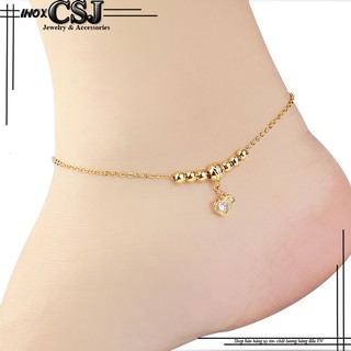 Lắc chân inox nữ CSJ kiểu bi cách điệu trái tim xoàn mạ vàng không đen