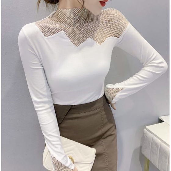 Áo thun tay dài đính đá kim cương phong cách châu Âu thời trang mùa thu quyến rũ cho nữ