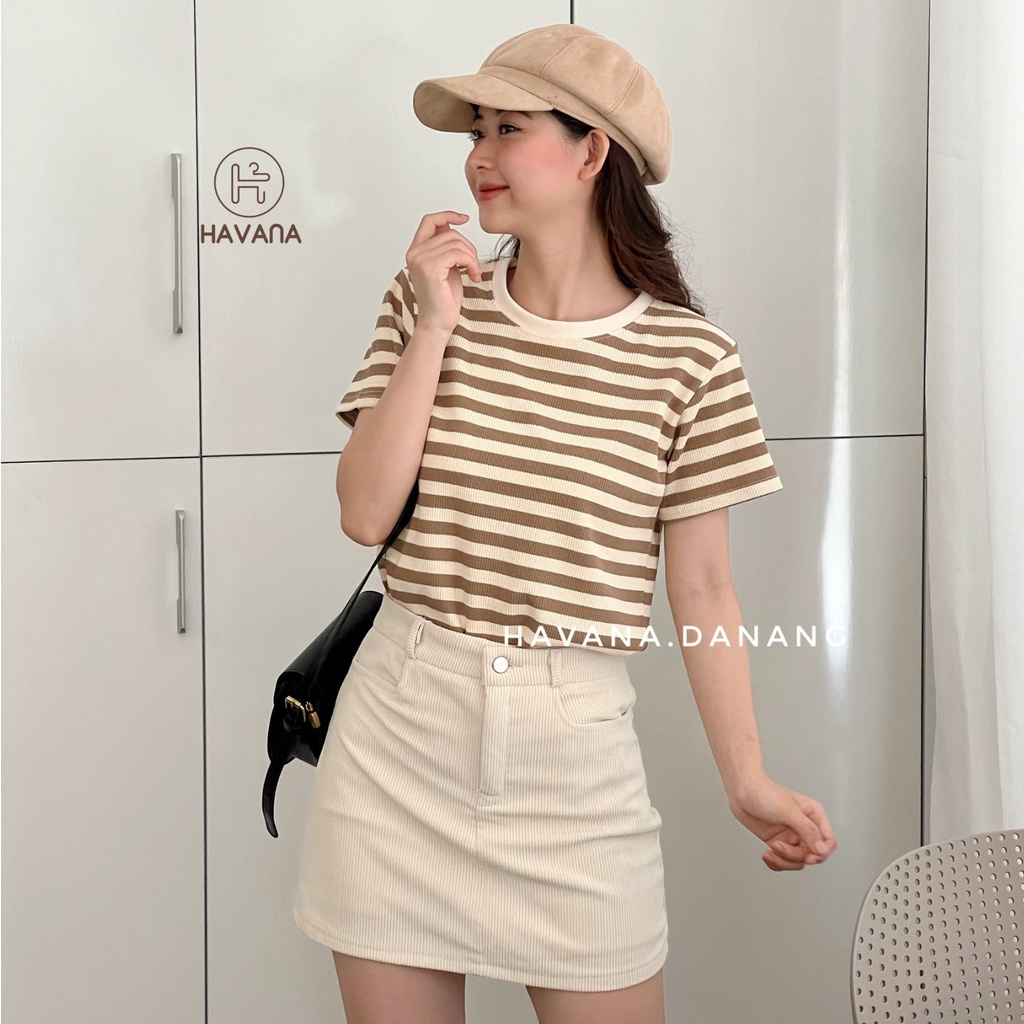 Áo thun nữ ngắn tay cổ tròn kẻ sọc, áo dệt kim co giãn phong cách Hàn Quốc AE213