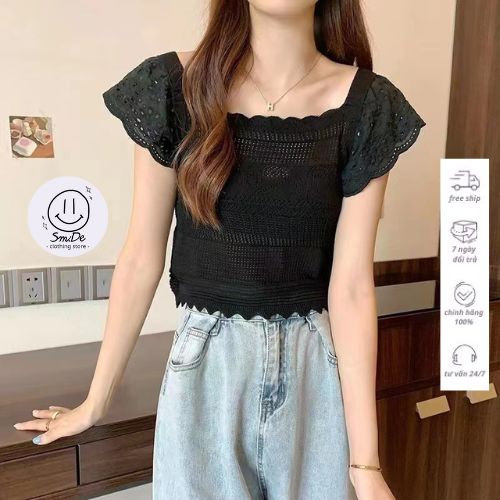 Áo Len Mongtoghi Lưới Cổ Vuông Phăng Tay Xô Tay Ngắn | Smide Clothing