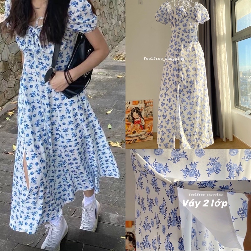 Đầm Trắng Hoa Dáng Dài Feelfree Cổ Vuông Trễ Vai Xanh Xẻ Tà 2 Lớp Mặc Đi Tiệc, Đi Chơi, Kỷ Yếu D004