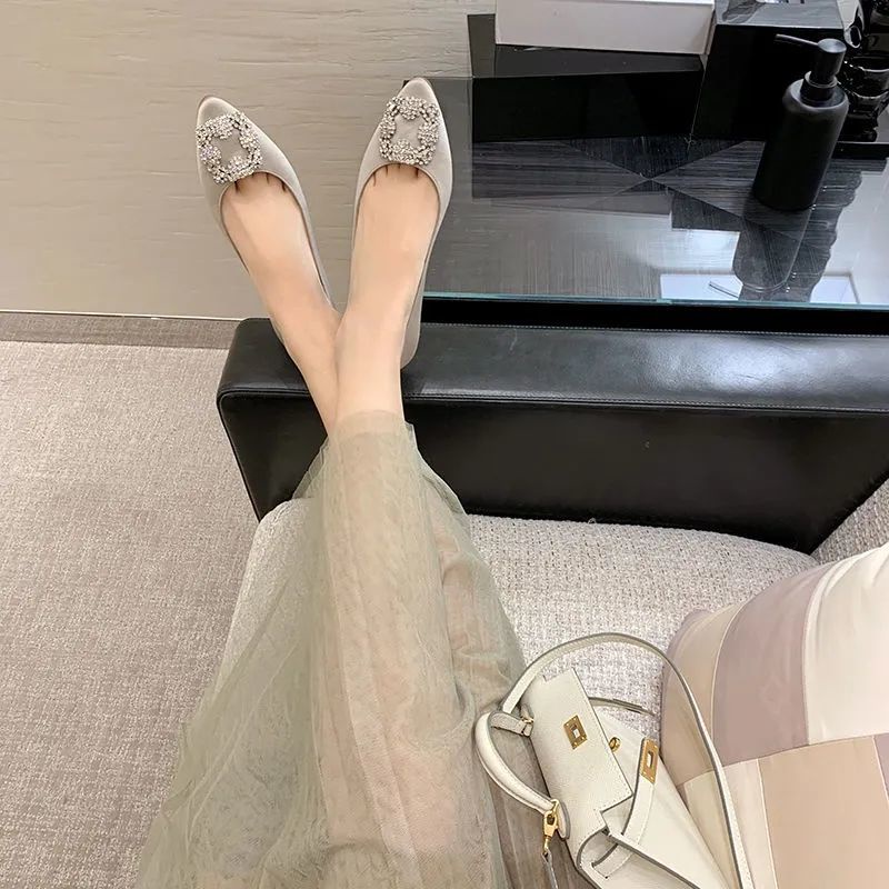 Giày Búp Bê Mũi Nhọn Bằng Satin Đính Đá Size 33-44 Thời Trang Cho Nữ Dự Tiệc Cưới