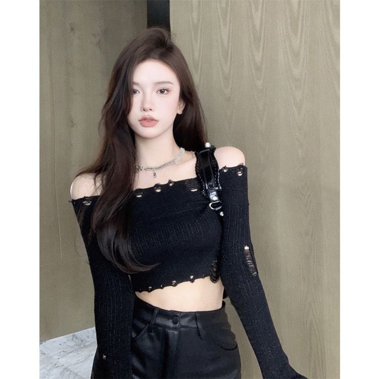 Cocory vn Áo Croptop Dệt Kim Trễ Vai Tay Dài Màu Trơn Phong Cách Đường Phố Mùa Thu Cho Nữ