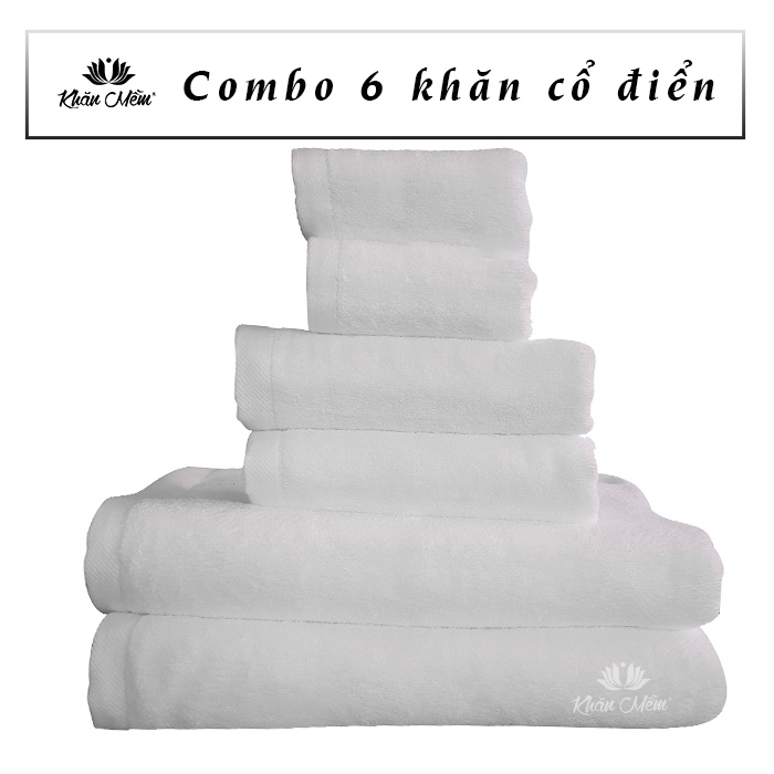 Bộ Combo 6 Khăn Cao Cấp Khăn Mềm Cổ Điển 100% Cotton, Không Ra Màu, Không Xổ Lông, Thấm Hút Nước Siêu Tốt