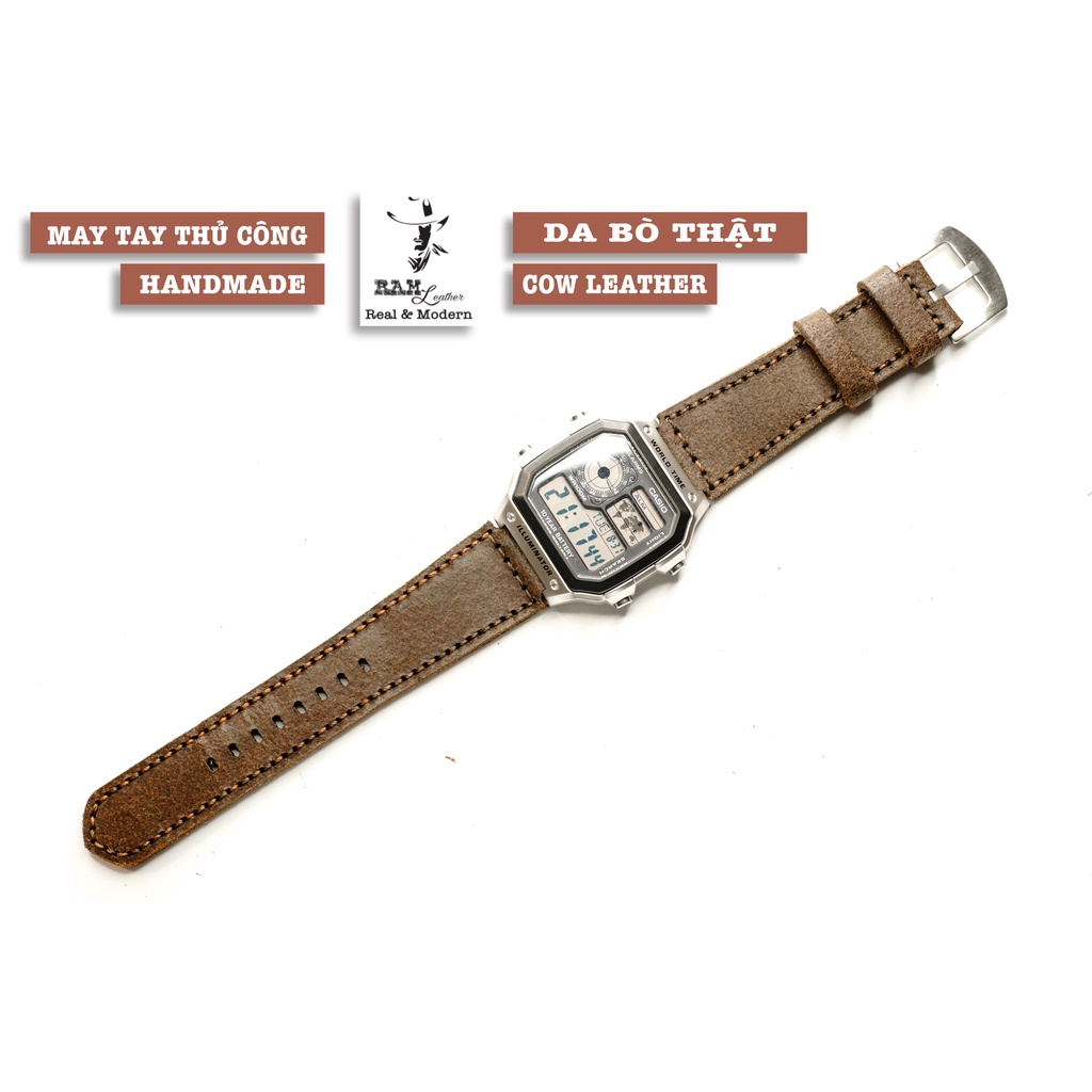 Dây đồng hồ RAM Leather cho CASIO 1200, AE 1200, 1300, 1100, A159 , A168 , Size 18 da bò vintage