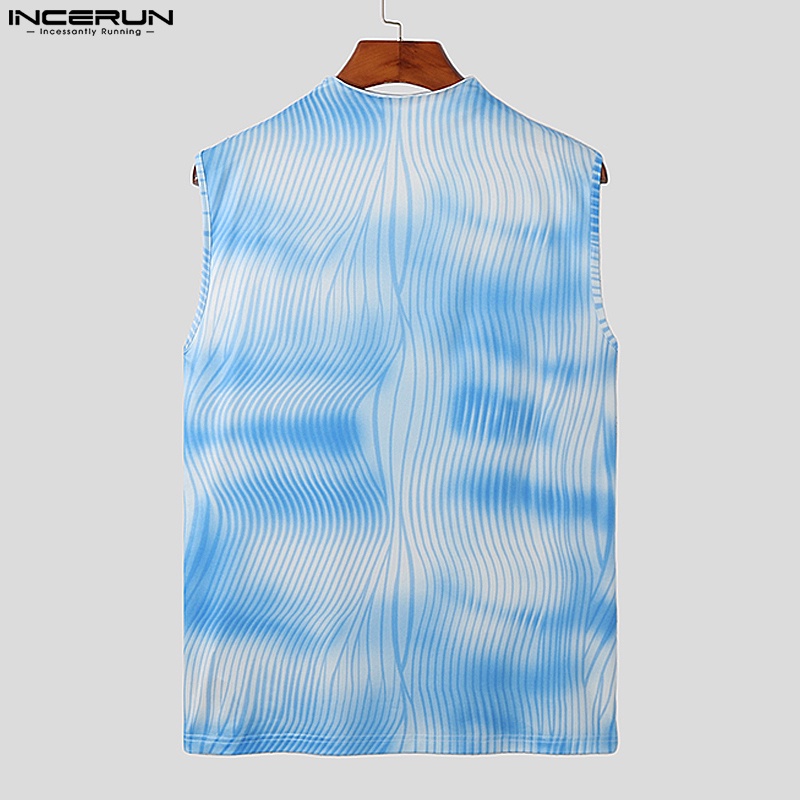 Áo ba lỗ INCERUN sát nách cột dây in họa tiết màu nhuộm loang thời trang cho nam