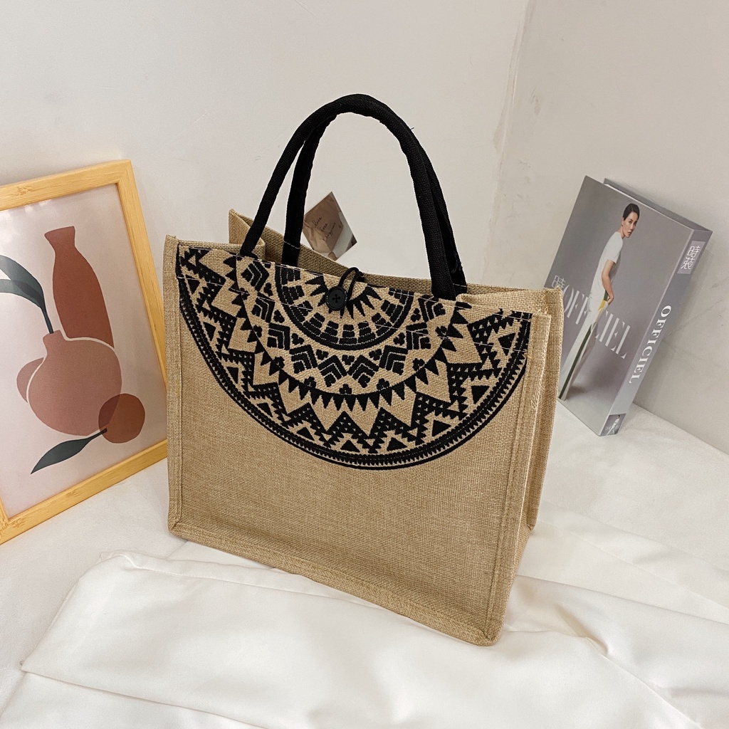 Túi cói đi biển, đi du lịch phong cách Vintage hoa văn trống đồng size lớn