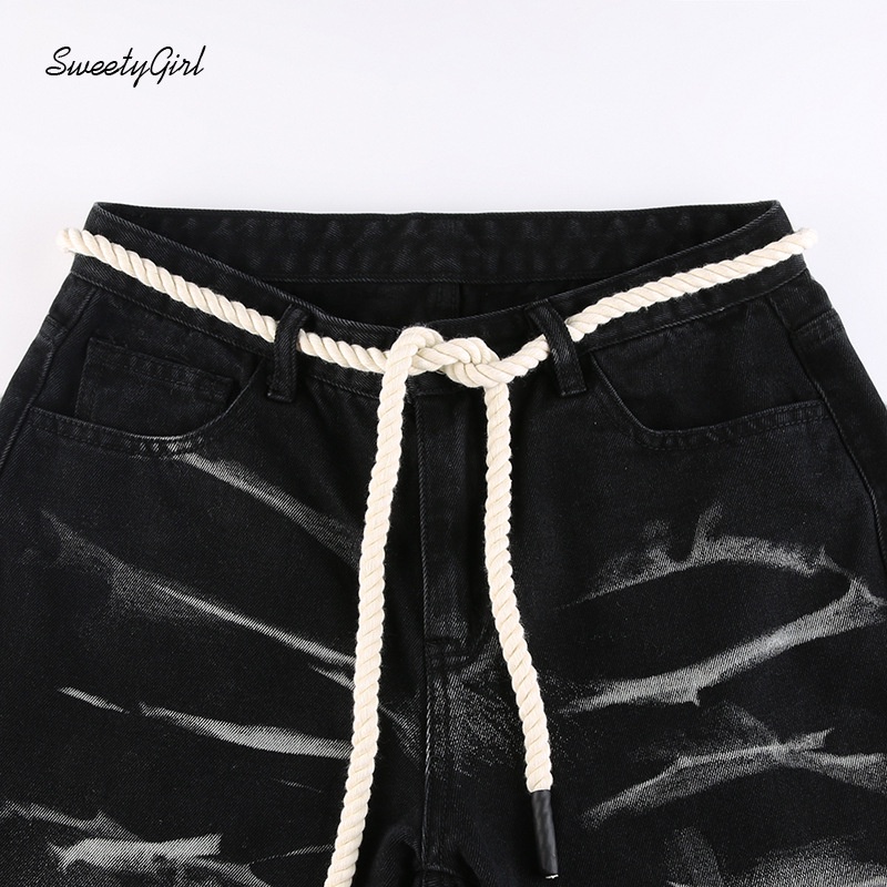 Quần Jeans Dài Ống Rộng Lưng Cao Phối Dây Rút Thời Trang Cho Nữ