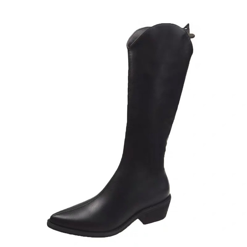 Boots cao bồi nữ cổ chữ V cao dưới đầu gối có khoá sườn gót vuông 5cm
