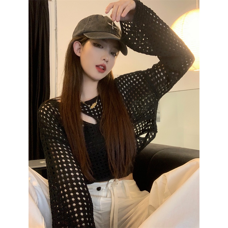 NUZIRO Áo kiểu  dệt kim tay dài dáng rộng ngắn chống nắng thiết kế rỗng ngọt ngào cho nữ