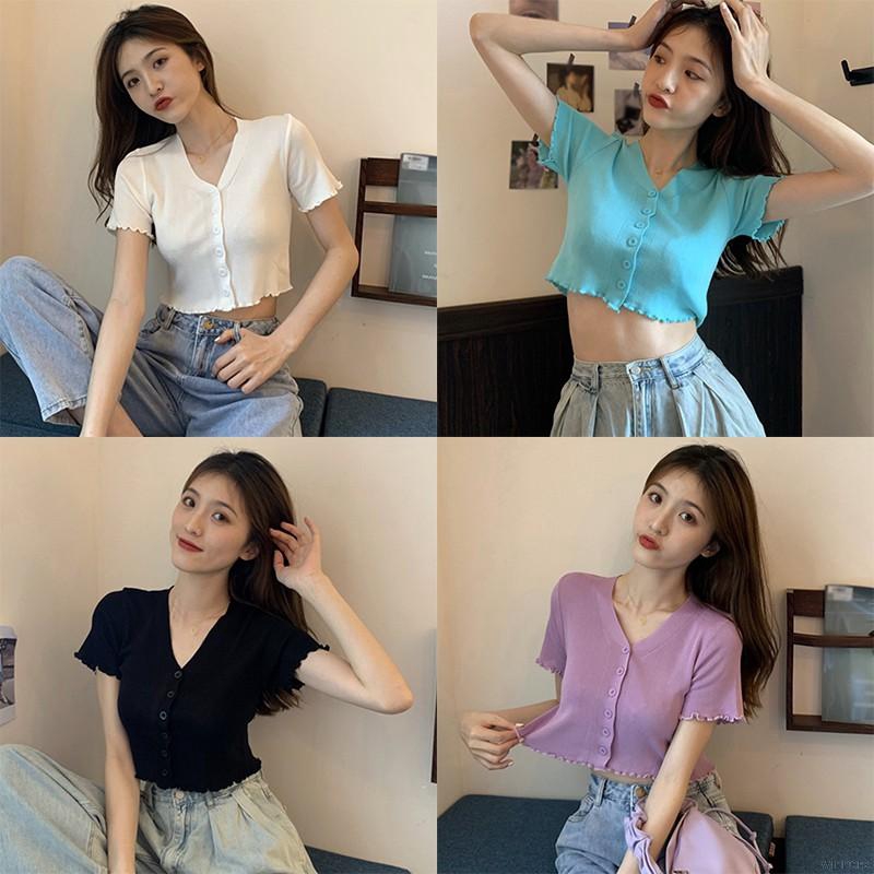 Áo lửng cổ chữ V ôm dáng trang trí hàng nút cho nữ | BigBuy360 - bigbuy360.vn