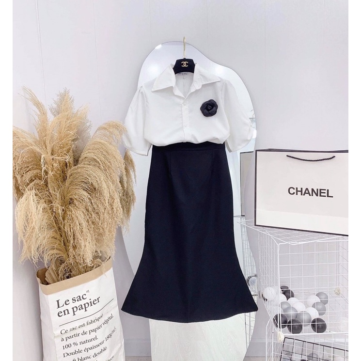 SET ÁO SƠ MI LOGO HOA MIX CHÂN VÁY ĐUÔI CÁ ĐEN