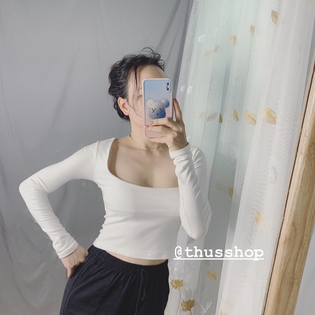 Áo Thun Dài Tay Cổ Vuông THUS Áo Kiểu Croptop Thun Cotton Co Dãn Form Ôm Phong Cách Retro A2A01