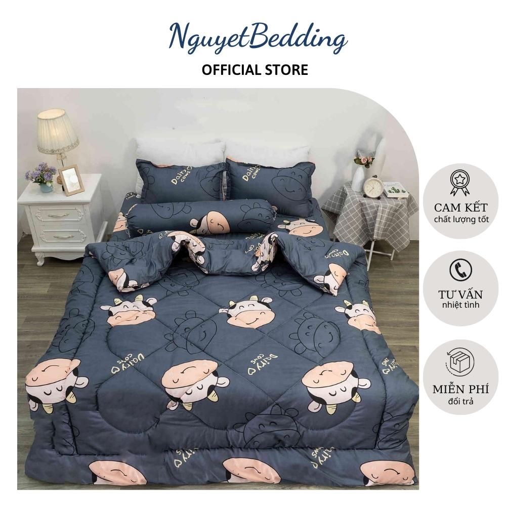 Bộ 5 món chăn phao ga gối kèm vỏ ôm Cotton Poly mẫu BÒ XÁM loại Bông Dày, chất đẹp - NguyetBedding