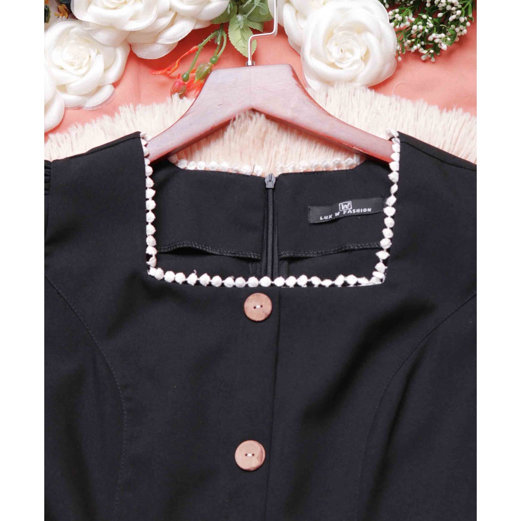 Đầm công sở đen cổ vuông thiết kế chữ a sang trọng trẻ trung tay ngắn thời trang eo che bụng hợp đi làm đi chơi – Lux W | BigBuy360 - bigbuy360.vn