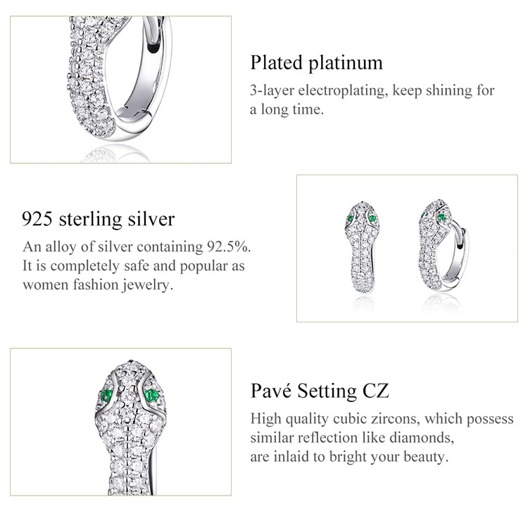 Bông tai Bamoer SCE922 bằng bạc 925 thiết kế hình rắn sang trọng cho nữ