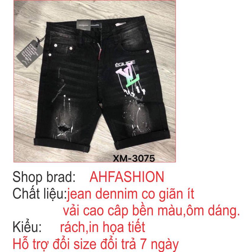 Quần short jean nam giá rẻ đen rách in chất bò co dãn nhẹ form chuẩn cao cấp AHFASHION