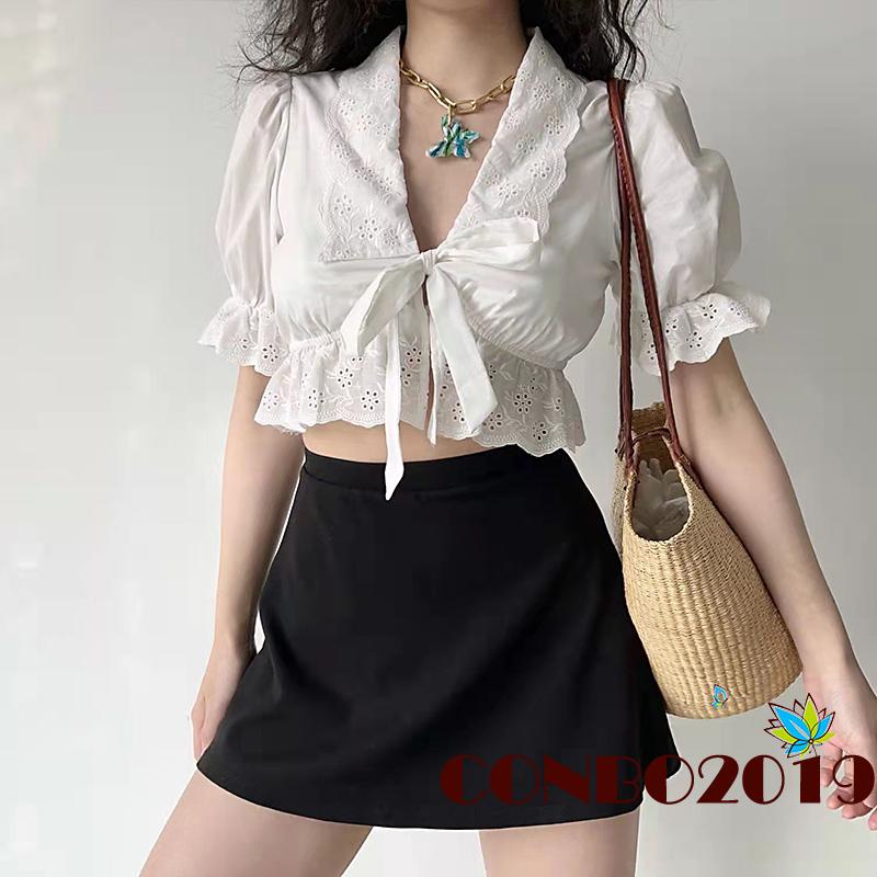 Áo Croptop Tay Phồng Cổ Chữ V Màu Trơn Thời Trang Mùa Hè Cho Nữ
