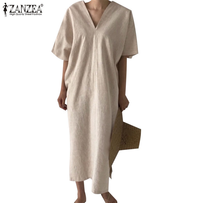 Đầm maxi ZANZEA màu trơn cổ V tay lỡ xẻ tà thời trang cho nữ