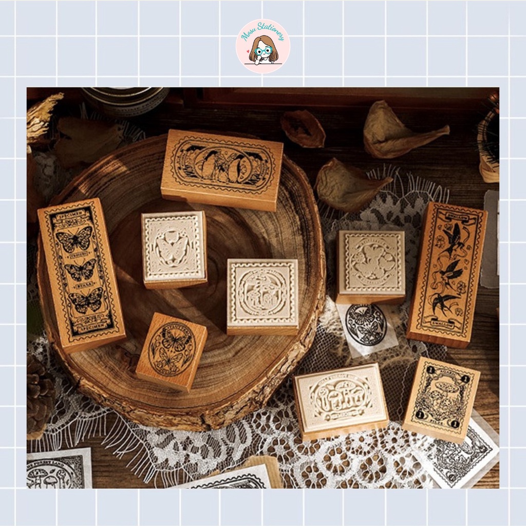 Tách set 9 con dấu gỗ hình bướm và nấm vintage