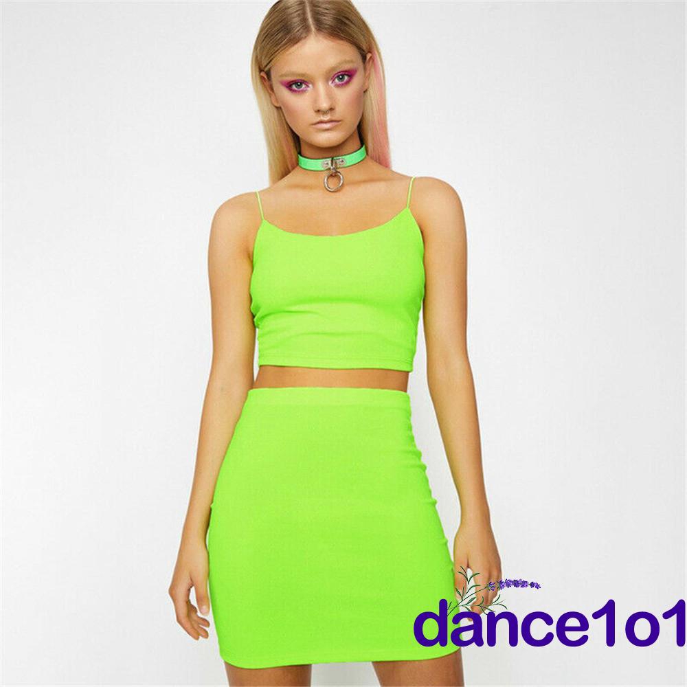Set áo crop top + chân váy màu trơn thiết kế ôm sát tôn dáng