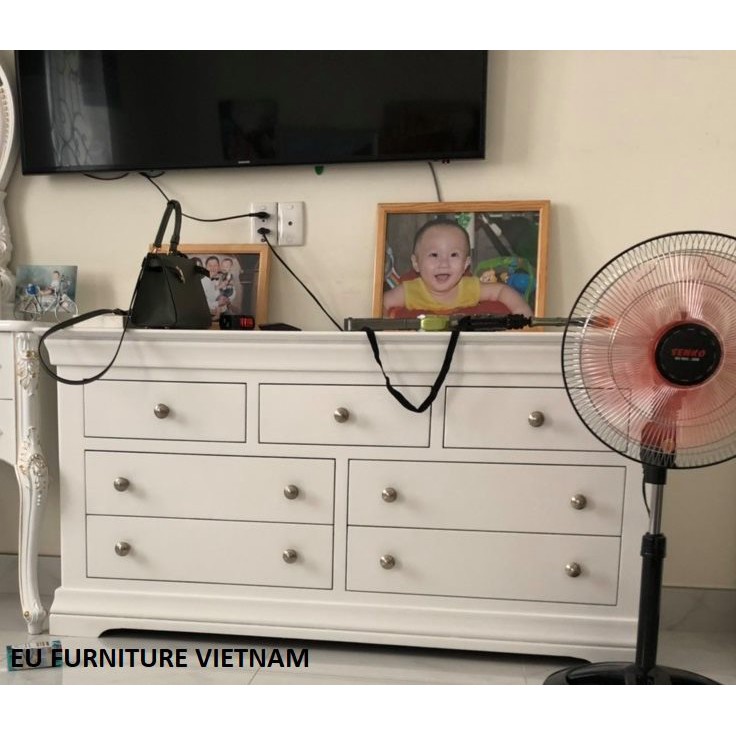 Tủ 7 ngăn kéo gỗ sồi màu trắng CMR07 KT: 150x45x78cm