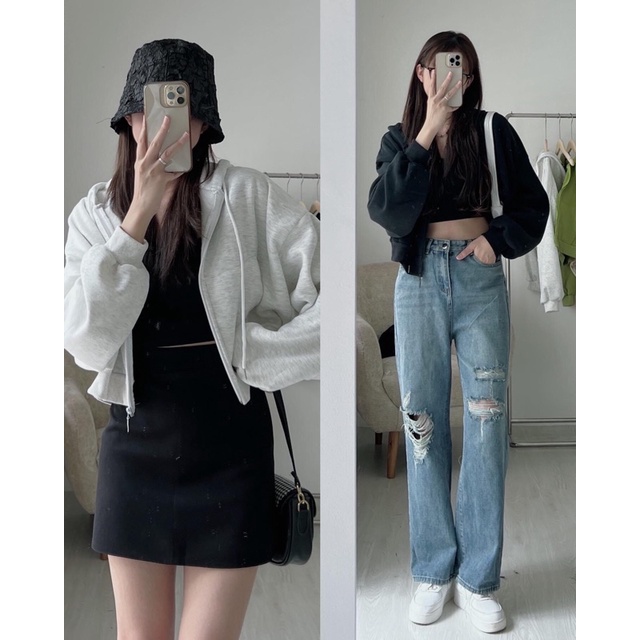 Áo khoác nỉ croptop to phồng siêu hot (Ảnh thật/Video)