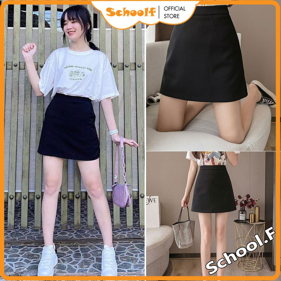 Chân váy chữ A lưng cao dáng ngắn có quần lót trong Mix đồ siêu xinh - Vải tuyết mưa mềm mại màu Đen / Trắng