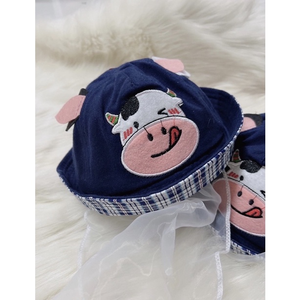 Nón kèm khăn voan thêu hình heo con dễ thương chống bụi bẩn cho bé sơ sinh từ 0-20 tháng tuổi