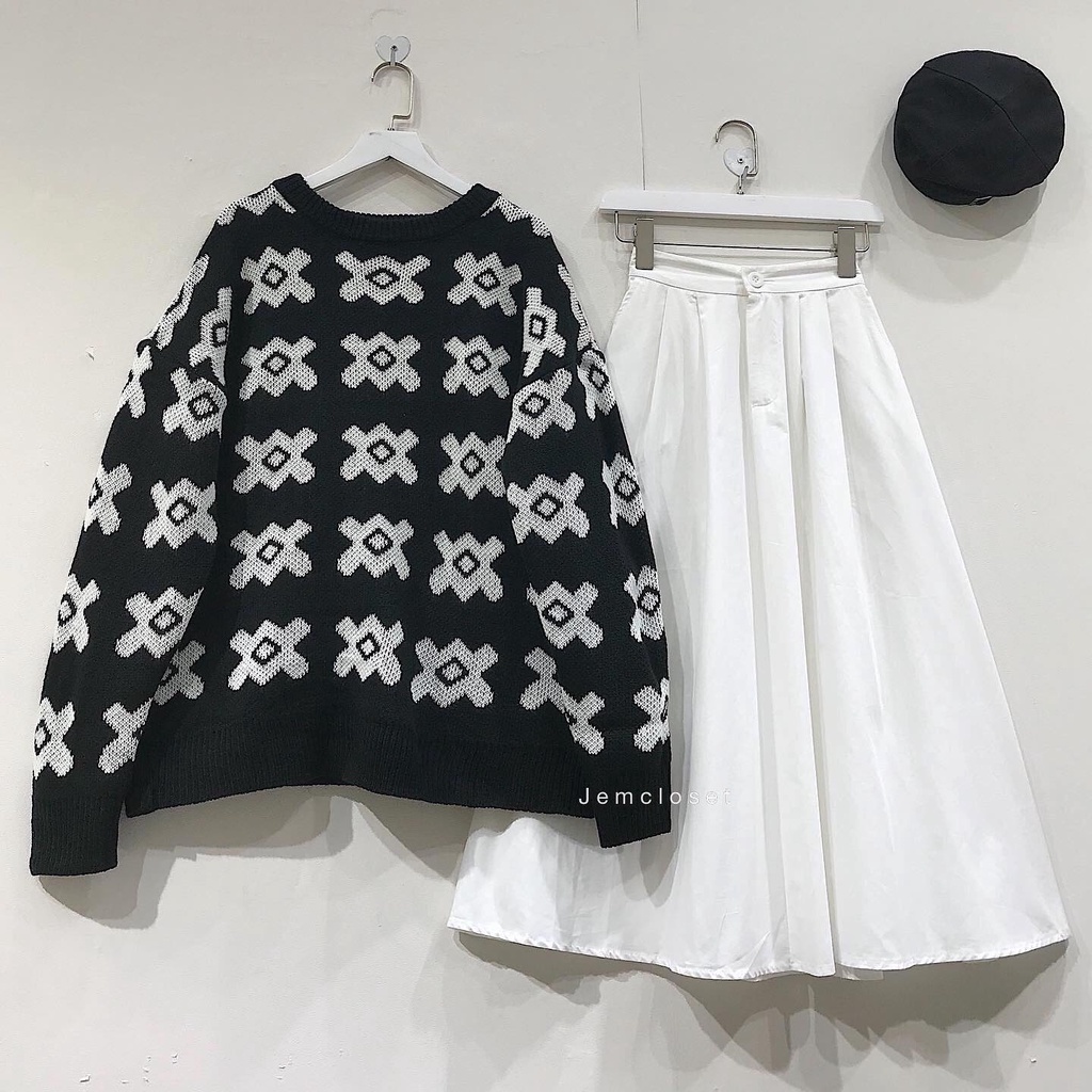 Áo Len Nữ Form Rộng JEM CLOSET Tay Dài Họa Tiết Tinh Tế Style Thời Trang Thu Đông XUKAT 1841