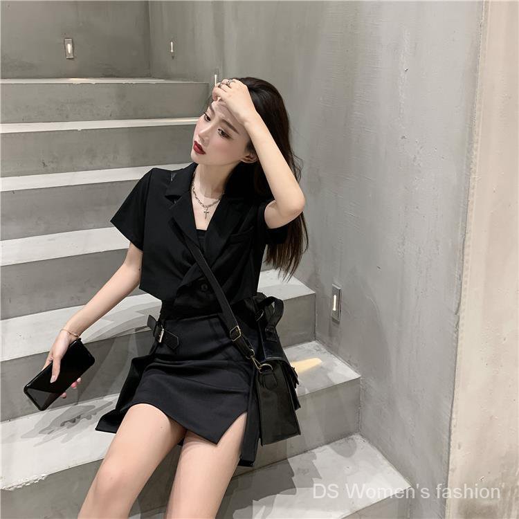 New Arrivals2021Summer  Black Suit Jacket+Dress  Korean-Style Short  Slit Skirt Suit