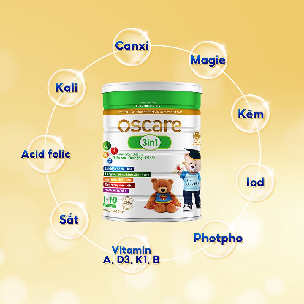 Sữa Bột Cho Bé Phát Triển Chiều Cao, Cân Nặng Và Trí Thông Minh OSCARE 3 Trong 1 IQ Hộp 400-900g