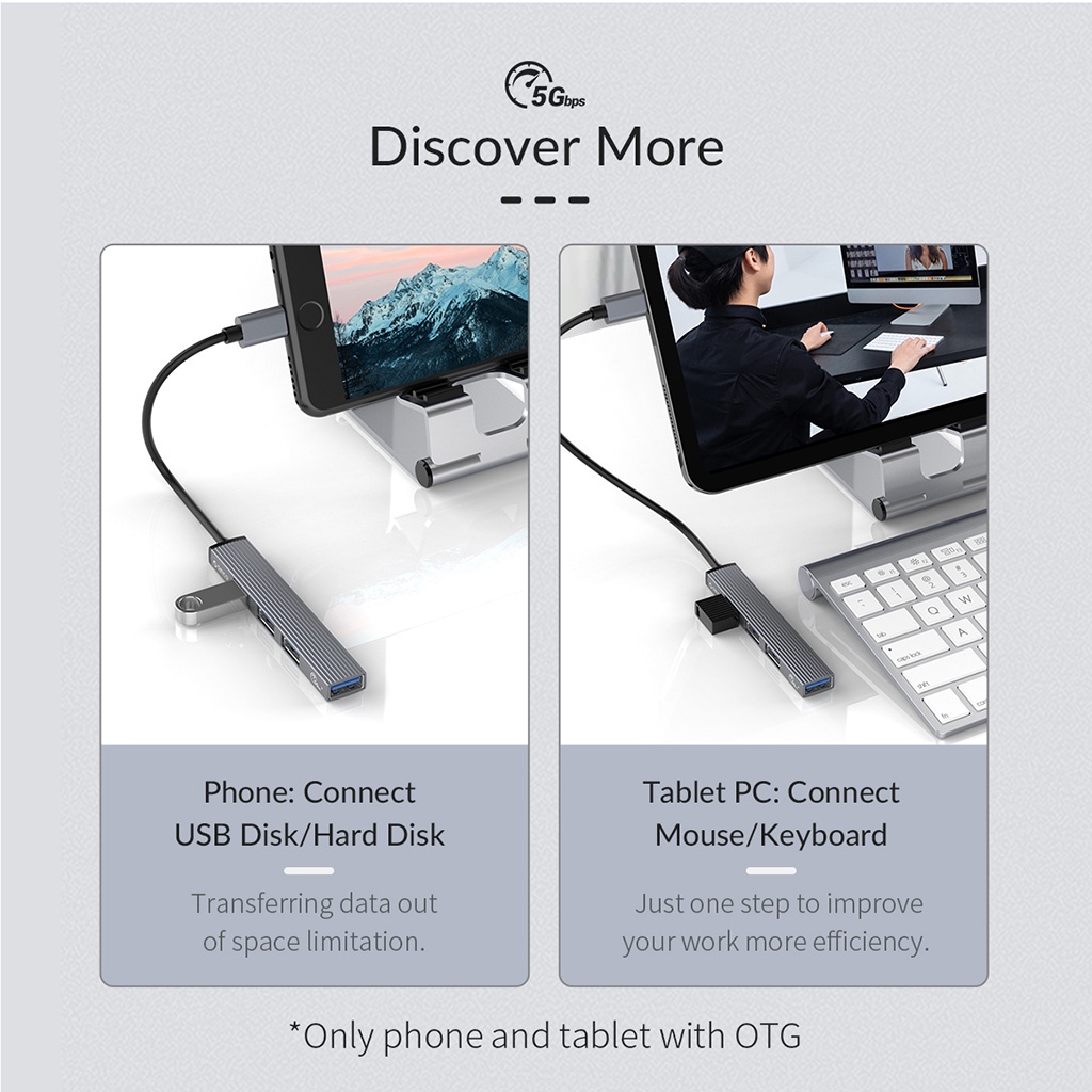 Hub chia USB Type-C sang USB-A MicroSD/TF 3.0 ORICO AH-12F AH-13 USB-C to Type-A Cho Macbook Laptop PC Smartphone Tablet