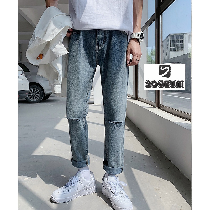 Quần jean nam baggy rách gối, Quần bò nam nữ ống rộng rách gấu màu đen, xanh SOGEUM