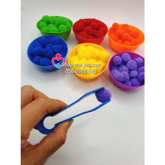Set 6 bát + 2 kẹp phân loại màu sắc tập gắp pompom