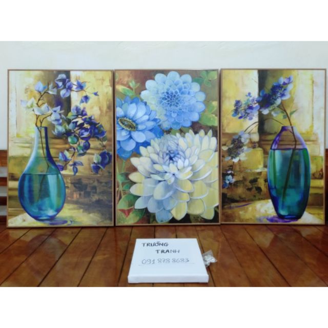 Tranh canvas khung cao cấp 40x60cm x 3 tranh VIP mới mua được - Bình hoa xanh