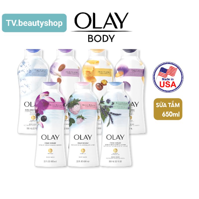 - Sữa tắm Olay dưỡng da 650ml/887ml Dâu I Lan I Bơ Hạt Mỡ I Hạnh Nhân I Muối biển I VitaminE I Lavender