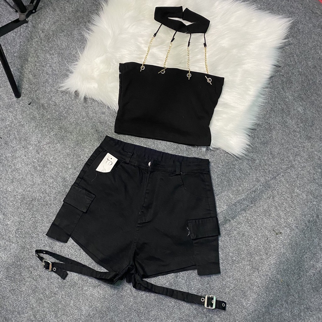 Set áo yếm choker dây xích quần short kaki đính khoen rời siêu hot - set đồ phối sẵn
