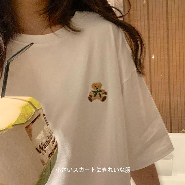 Áo thun tay ngắn cổ tròn in họa tiết chú gấu hoạt hình đáng yêu thời trang