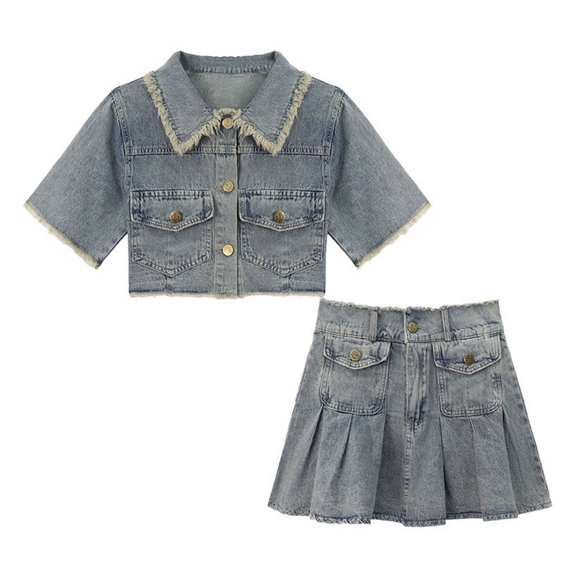 Set đồ 2 món gồm áo và chân váy denim dáng ngắn lưng cao thời trang mùa hè vintage dành cho nữ