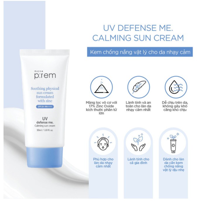 Kem chống nắng cho da nhạy cảm Make P:rem UV Defense Me. Calming Sun Cream SPF 50+