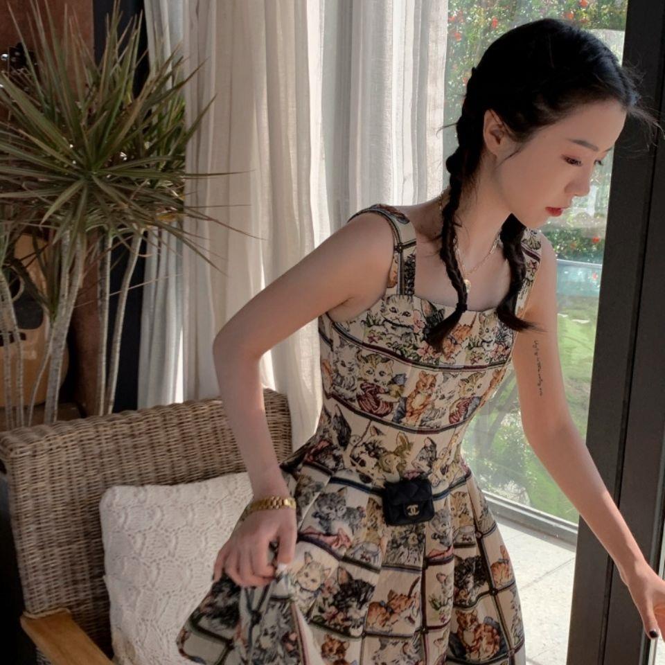 Đầm Hai Dây Dáng Ôm In Họa Tiết Mèo Phong Cách Retro Quyến Rũ Thời Trang Mùa Hè Mới