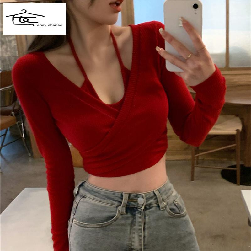 Áo Thun Cổ Chữ V Tay Dài Dáng Ngắn Thời Trang Xuân Thu Hàng Mới Dành Cho Bạn Nữ 2022