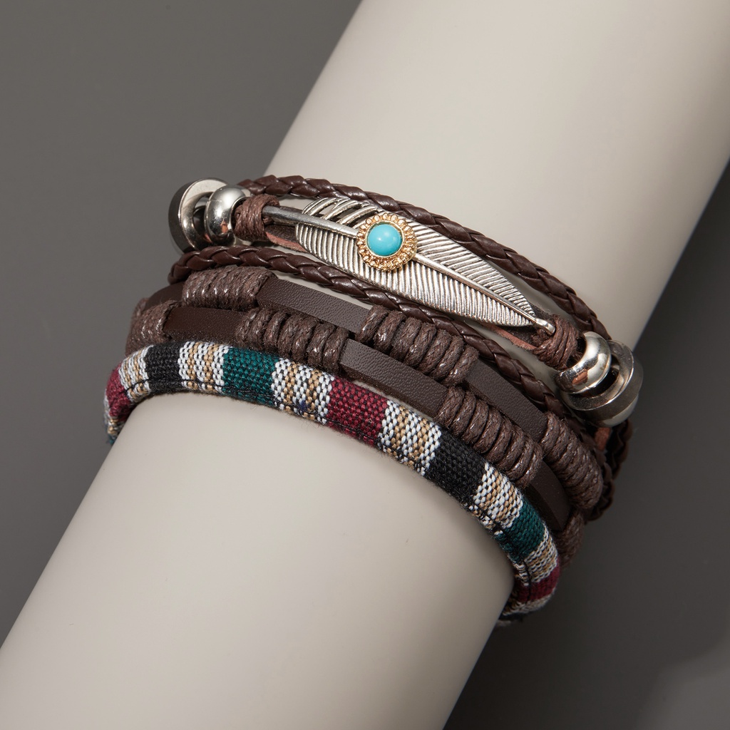 Vòng đeo tay RINHOO dây da nhiều lớp đính hạt gỗ đôi cánh nhiều mẫu tùy chọn thời trang dành cho nam