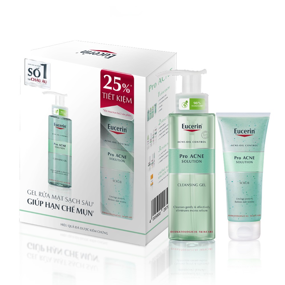 [Ưu Đãi 25%] Bộ sản phẩm giảm mụn Eucerin Pro Acne (Gel rửa mặt 200ml &amp; Tẩy tế bào chết 100ml