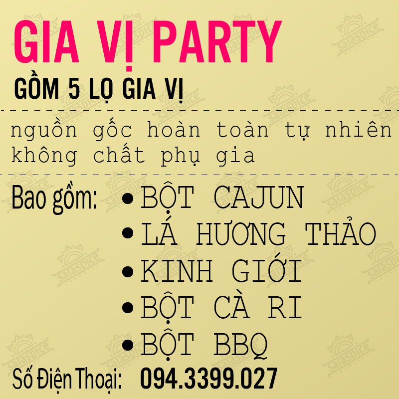 Combo Gia Vị Party SALA SPICE 5 loại giá tiết kiệm, tiện lợi chế biến các món cà ri , BBQ ,hải sản , bít têt , mì ý