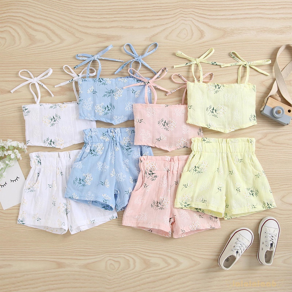 Bộ Áo Lửng Không Tay In Hoa + Quần Short Thời Trang Mùa Hè Dành Cho Bé Gái Laa6