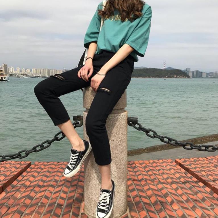 quần baggy ulzzang, quần nữ đẹp jean rách, quần jeans ống rộng bò mềm đen trắng -b11