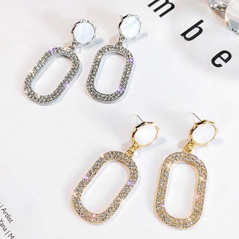 Khuyên Tai Tròn Thả Mặt Bầu Dục Rỗng Đính Đá Thời Trang Cho Nữ