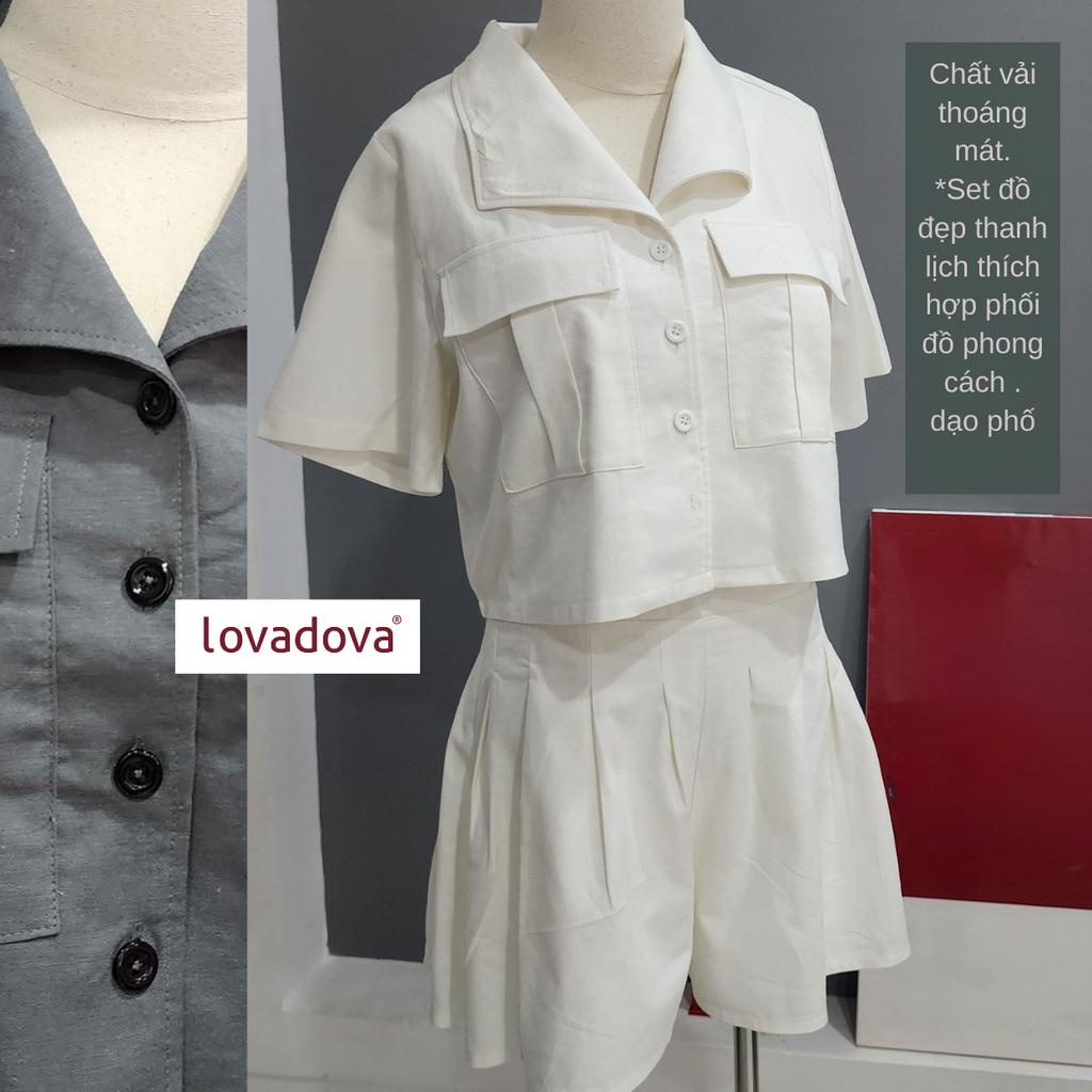 Set Đồ Nữ, Ngắn Tay, Cách Điệu Áo Vest, Quần Có Khóa Kéo Sau, Màu Xanh / Xám - Lovadova 22D04C002